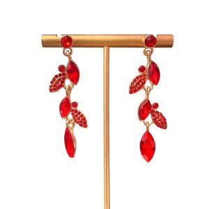 Elegant Red Crystal Leaf Gold Tone Earrings